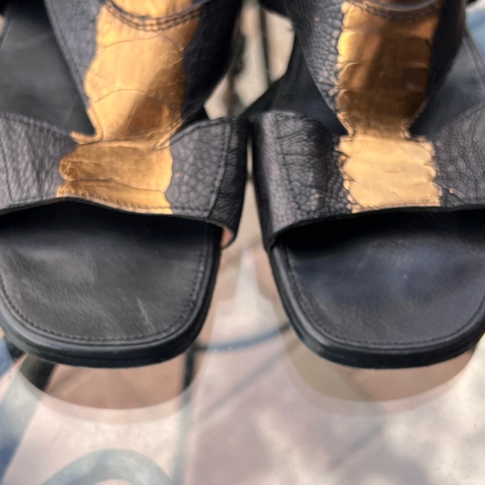 Sigerson Morrison Black and Gold Sandals with Ankle Strap - Picture 2 of 8